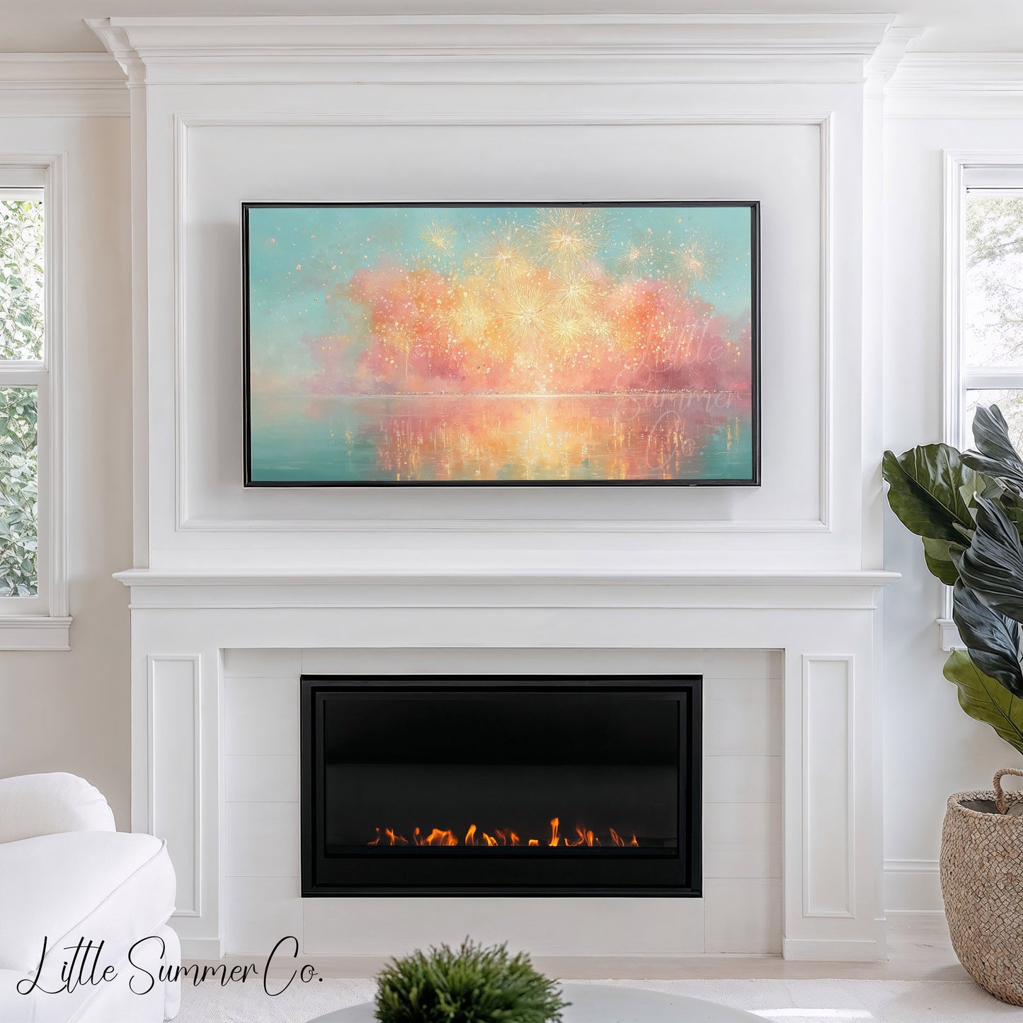 Golden Fireworks Frame TV Art displayed on a TV