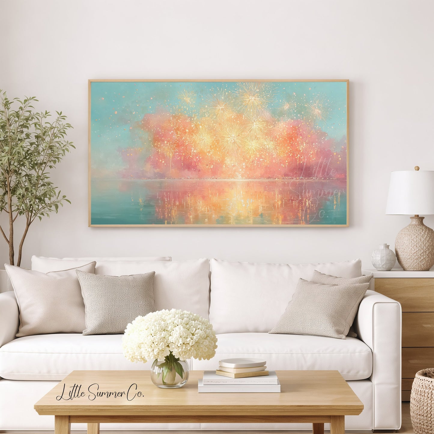 Golden Fireworks Frame TV Art displayed on a TV