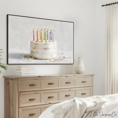Rainbow Candle Cake Frame TV Art displayed on a TV