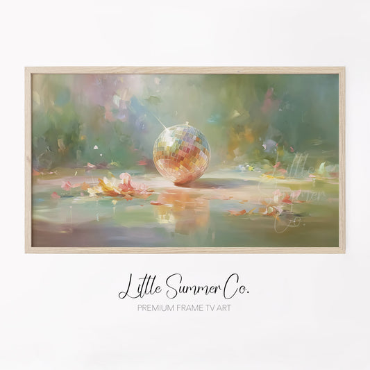 Disco Ball with Flower Petals Frame TV Art displayed on a TV