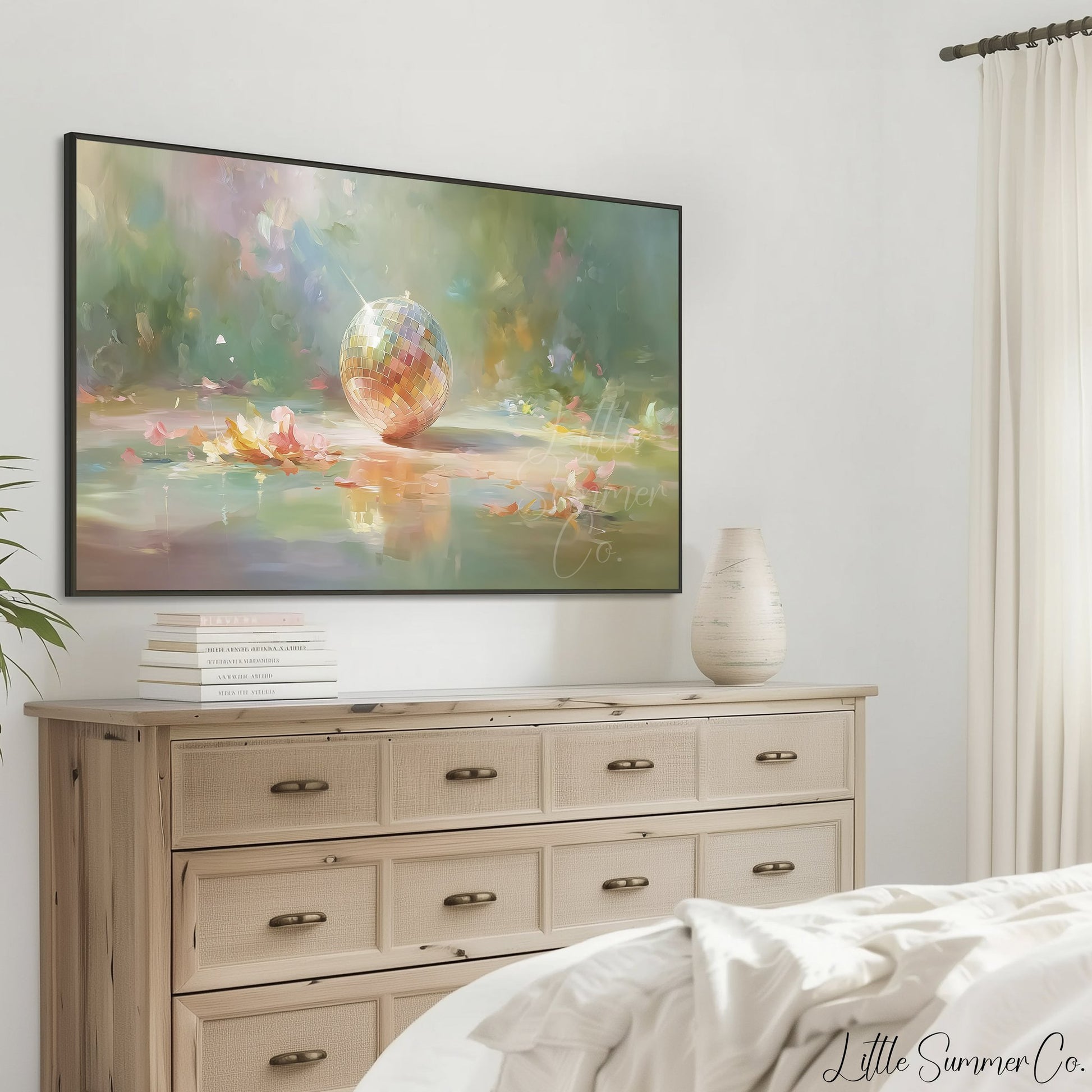 Disco Ball with Flower Petals Frame TV Art displayed on a TV