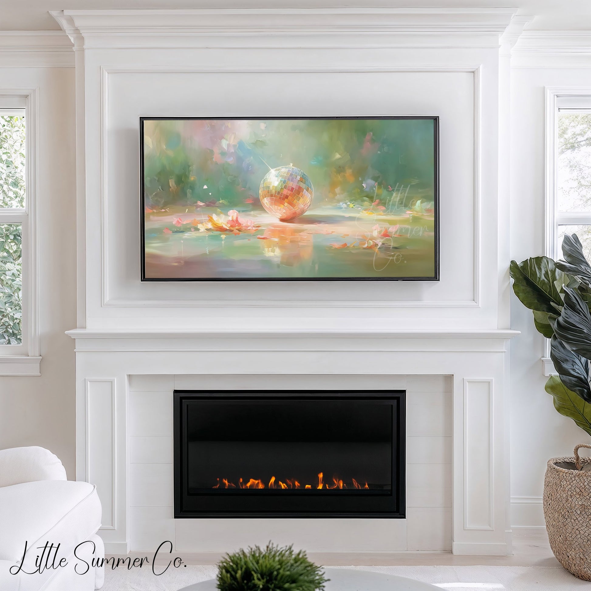 Disco Ball with Flower Petals Frame TV Art displayed on a TV