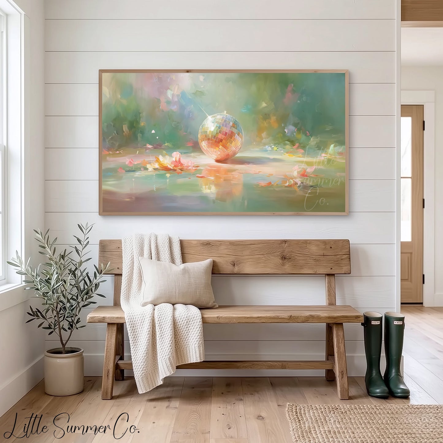 Disco Ball with Flower Petals Frame TV Art displayed on a TV