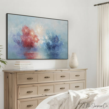 Patriotic Fireworks Frame TV Art displayed on a TV