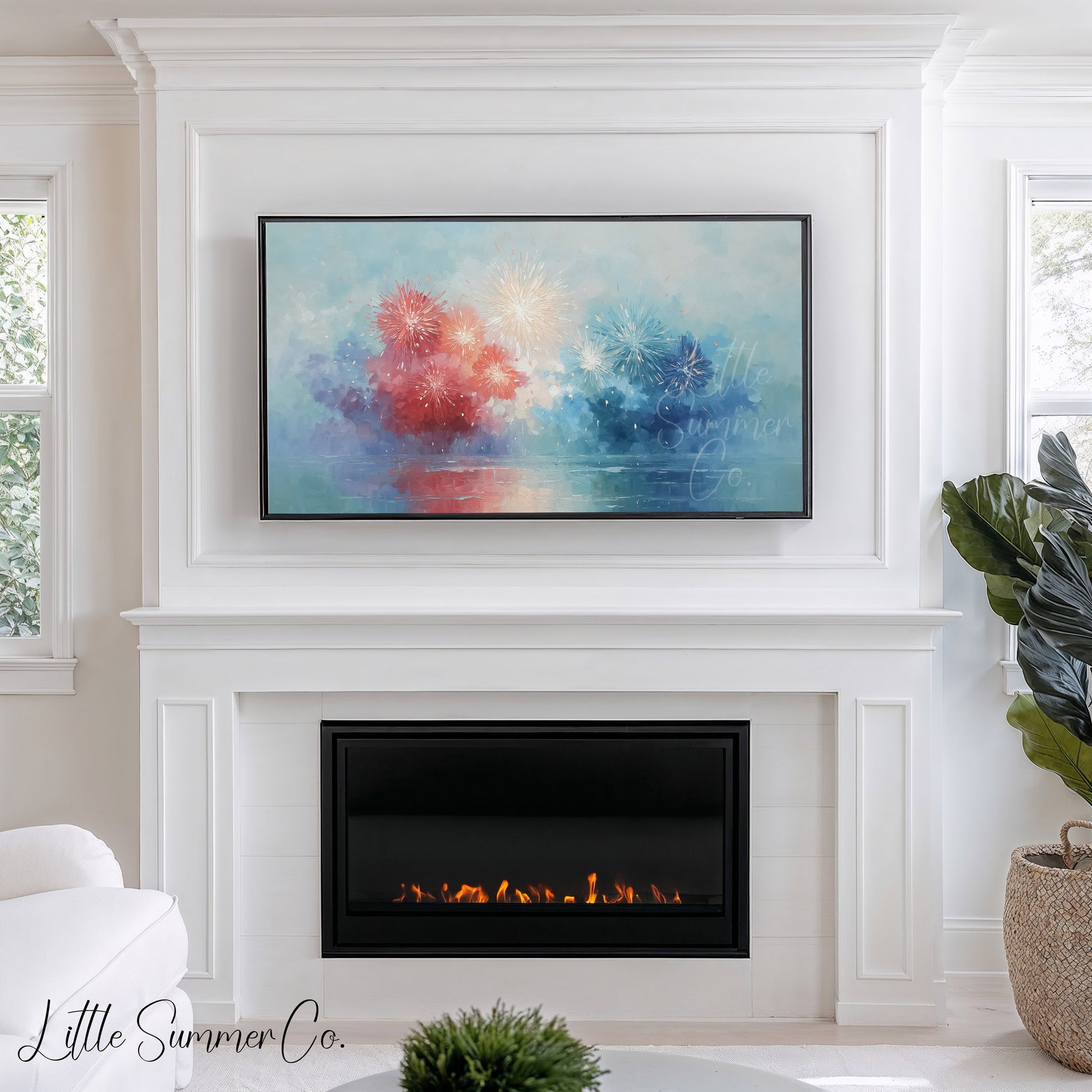 Patriotic Fireworks Frame TV Art displayed on a TV