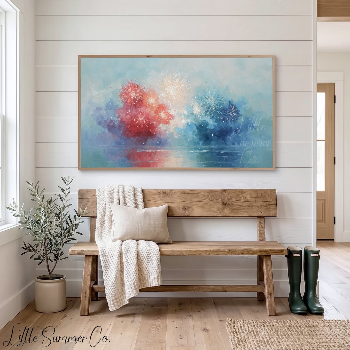 Patriotic Fireworks Frame TV Art displayed on a TV