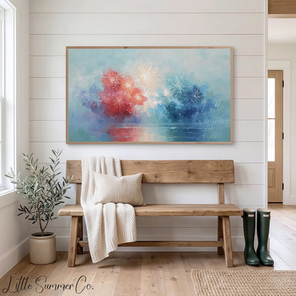 Patriotic Fireworks Frame TV Art displayed on a TV
