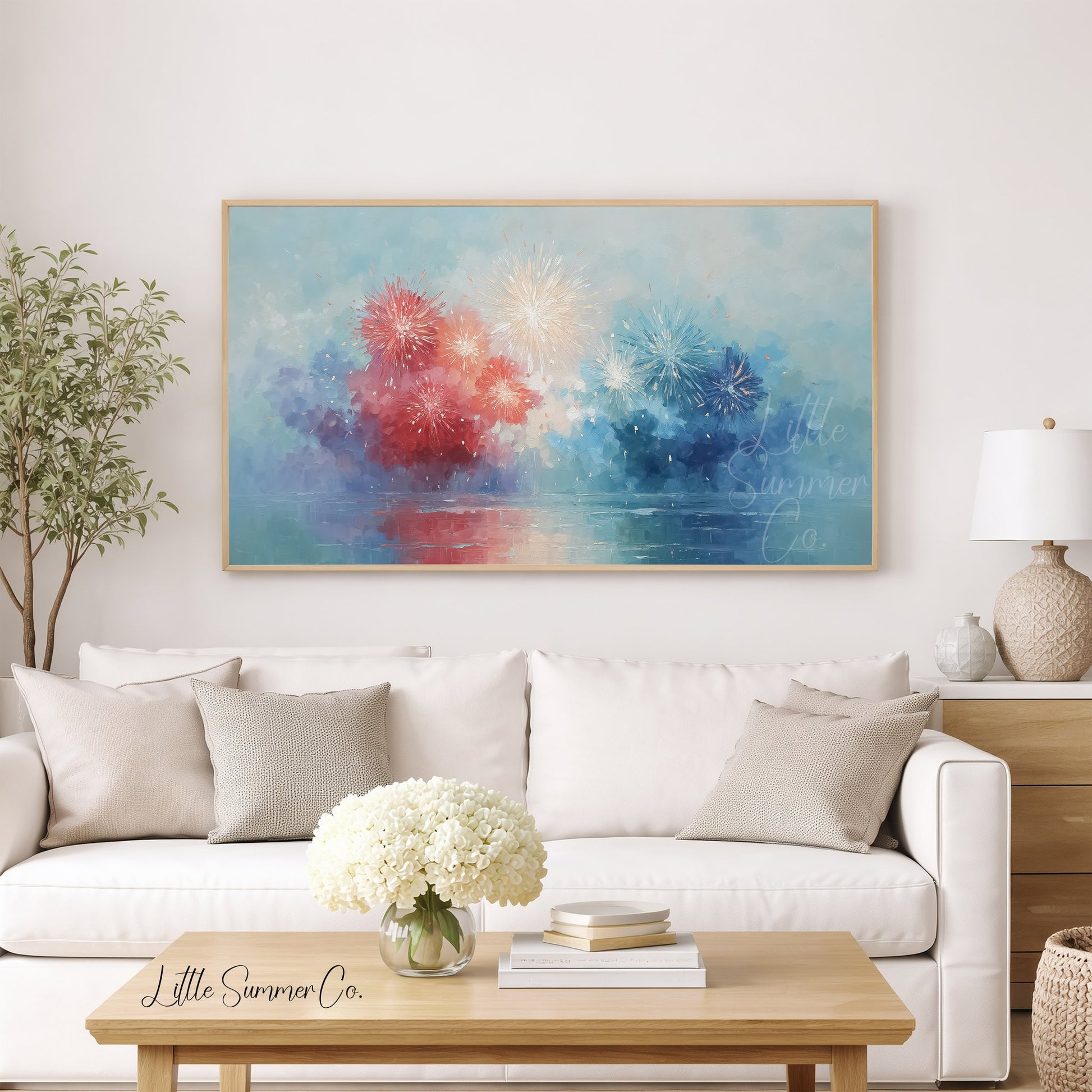 Patriotic Fireworks Frame TV Art displayed on a TV