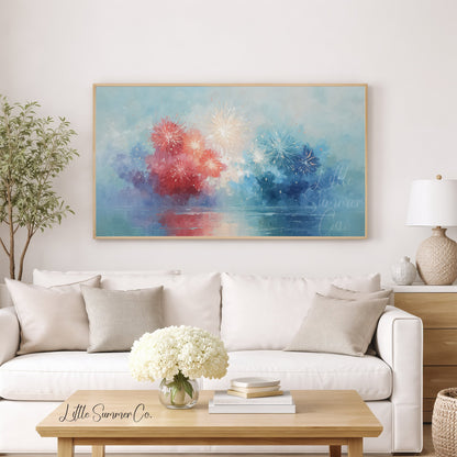 Patriotic Fireworks Frame TV Art displayed on a TV