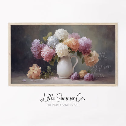 Hydrangea Pitcher Frame TV Art displayed on a TV