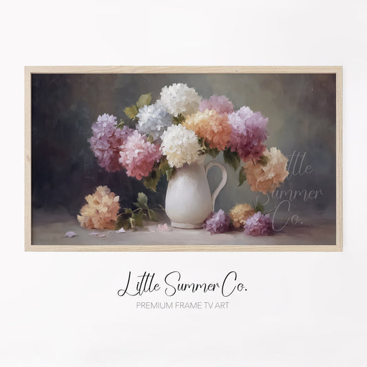 Hydrangea Pitcher Frame TV Art displayed on a TV