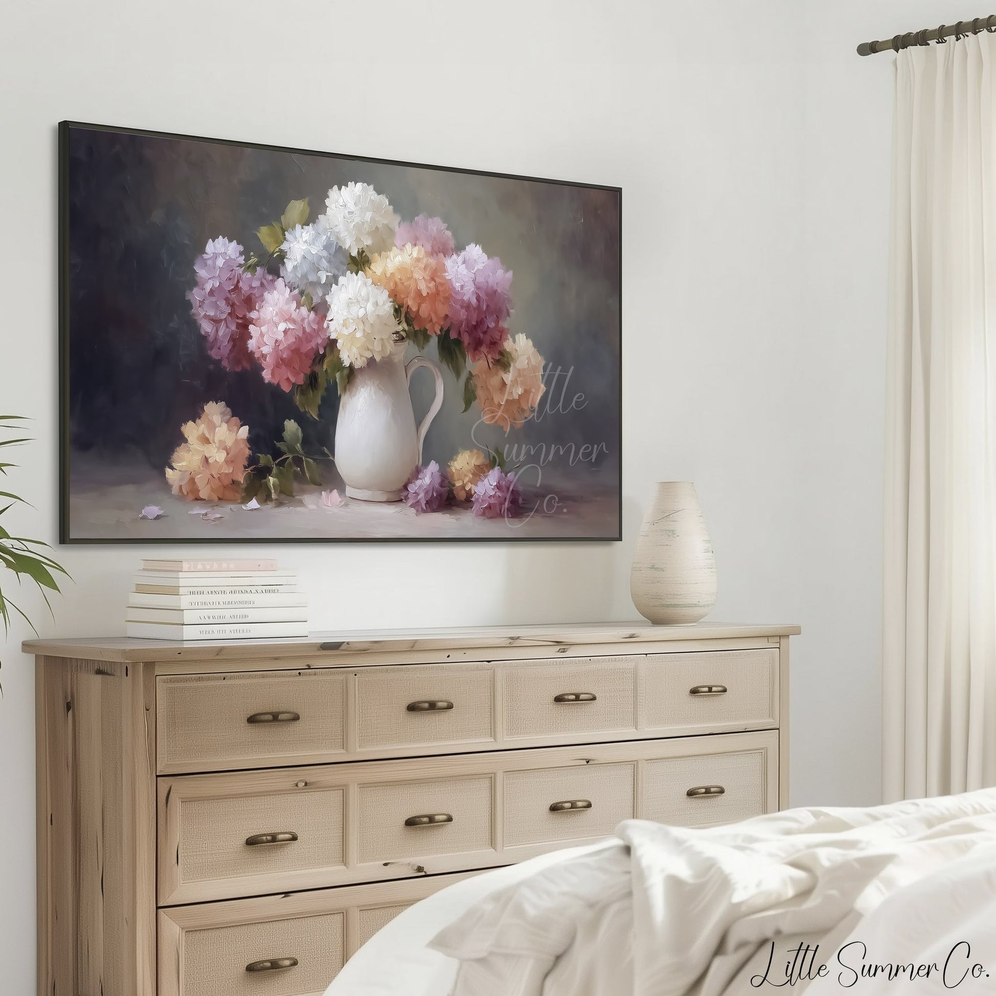 Hydrangea Pitcher Frame TV Art displayed on a TV