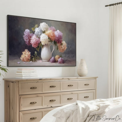 Hydrangea Pitcher Frame TV Art displayed on a TV
