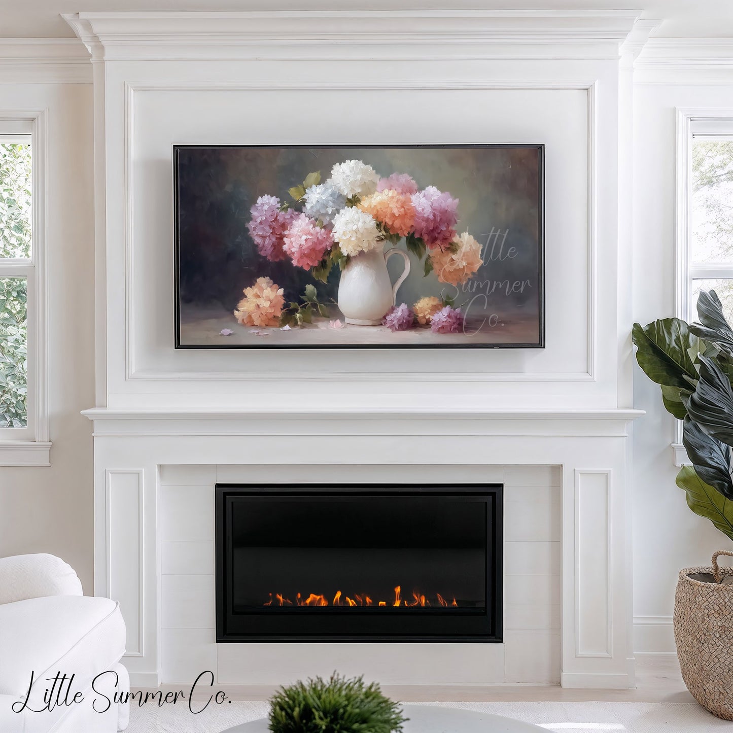 Hydrangea Pitcher Frame TV Art displayed on a TV