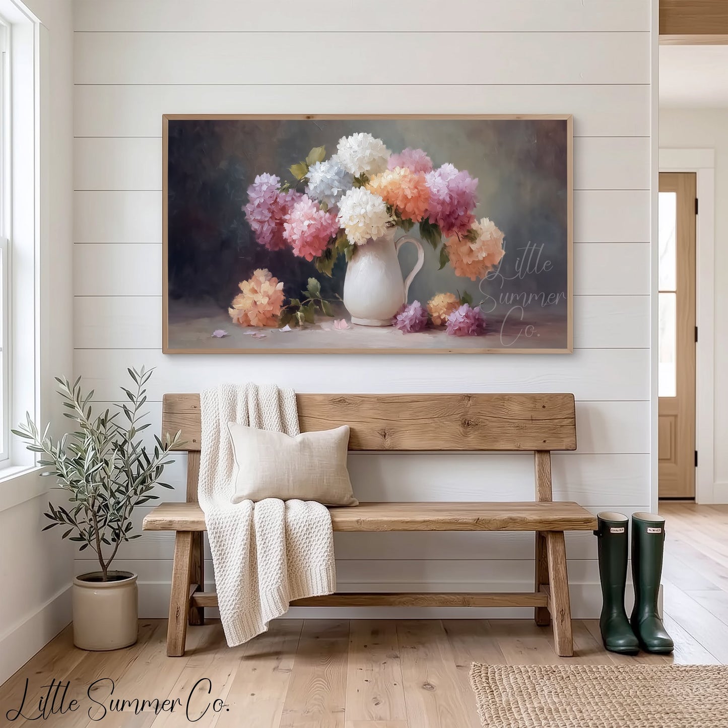 Hydrangea Pitcher Frame TV Art displayed on a TV