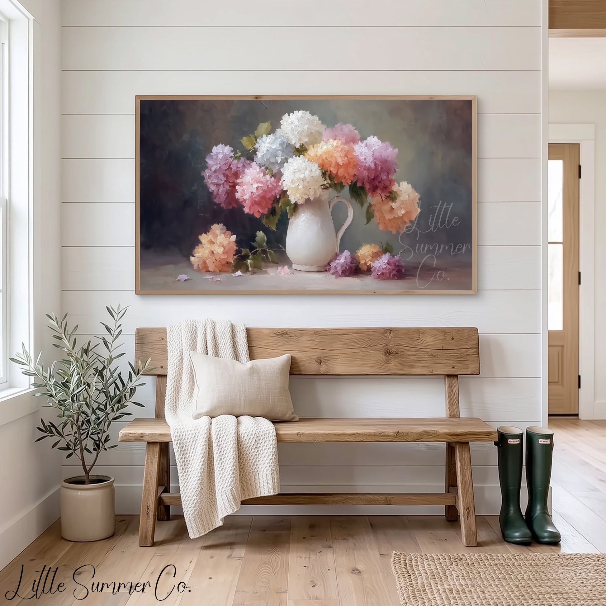 Hydrangea Pitcher Frame TV Art displayed on a TV