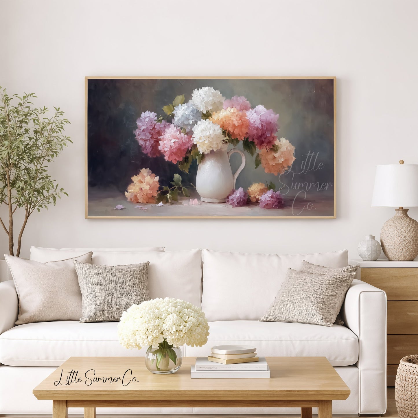 Hydrangea Pitcher Frame TV Art displayed on a TV