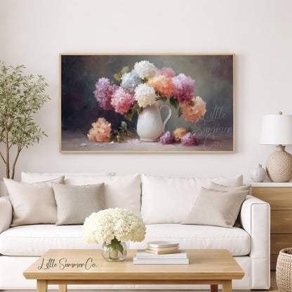 Hydrangea Pitcher Frame TV Art displayed on a TV