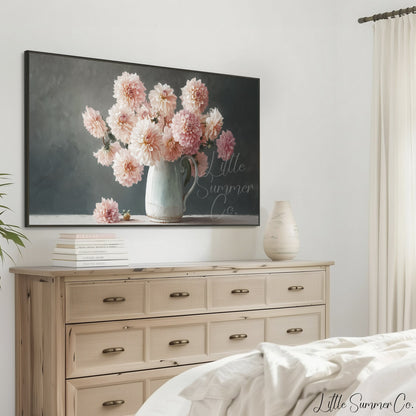 Pink Dahlias Frame TV Art displayed on a TV