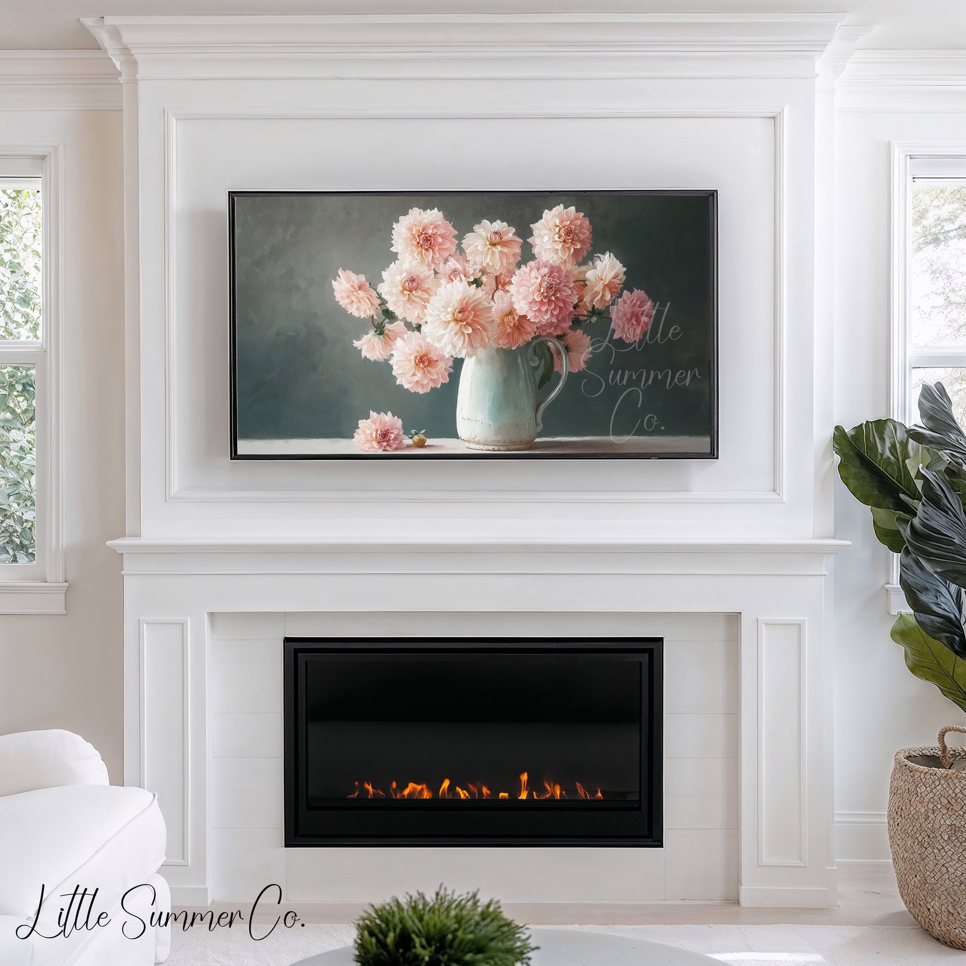 Pink Dahlias Frame TV Art displayed on a TV
