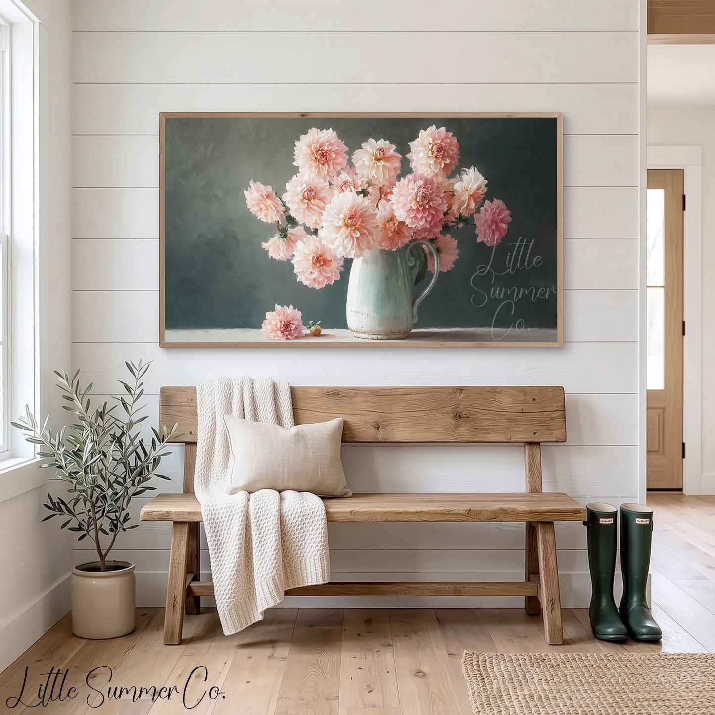 Pink Dahlias Frame TV Art displayed on a TV
