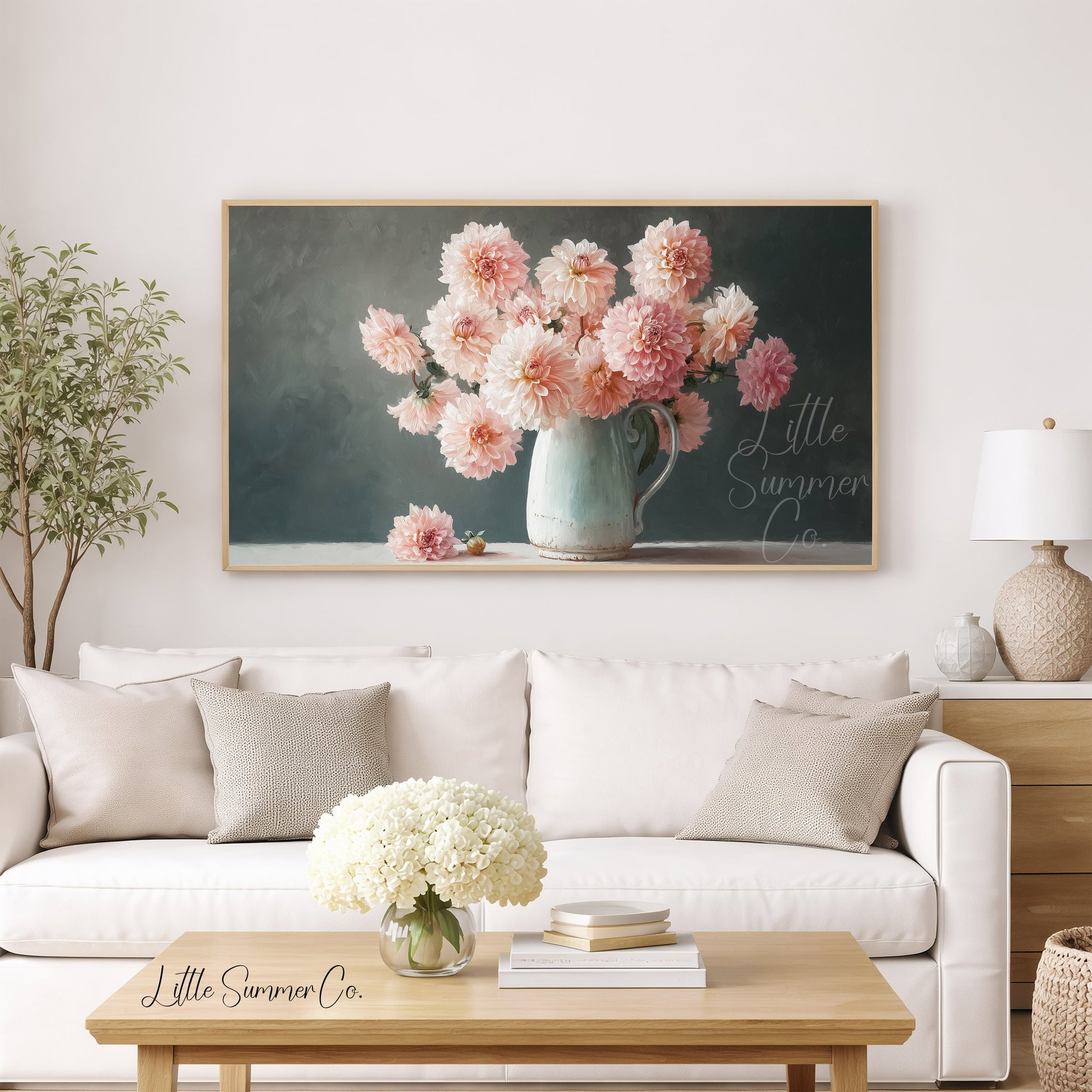 Pink Dahlias Frame TV Art displayed on a TV