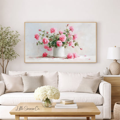 Pink Roses Frame TV Art displayed on a TV