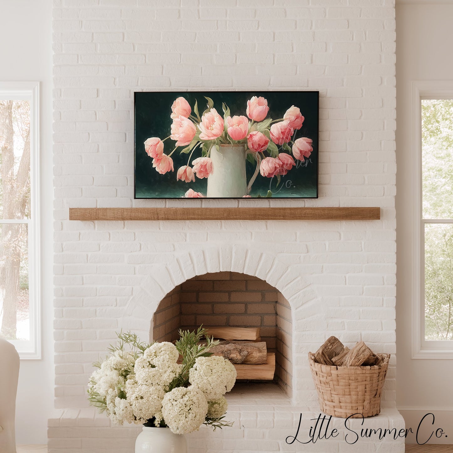 Pink Tulips Dark Background Jug Frame TV Art displayed on a TV