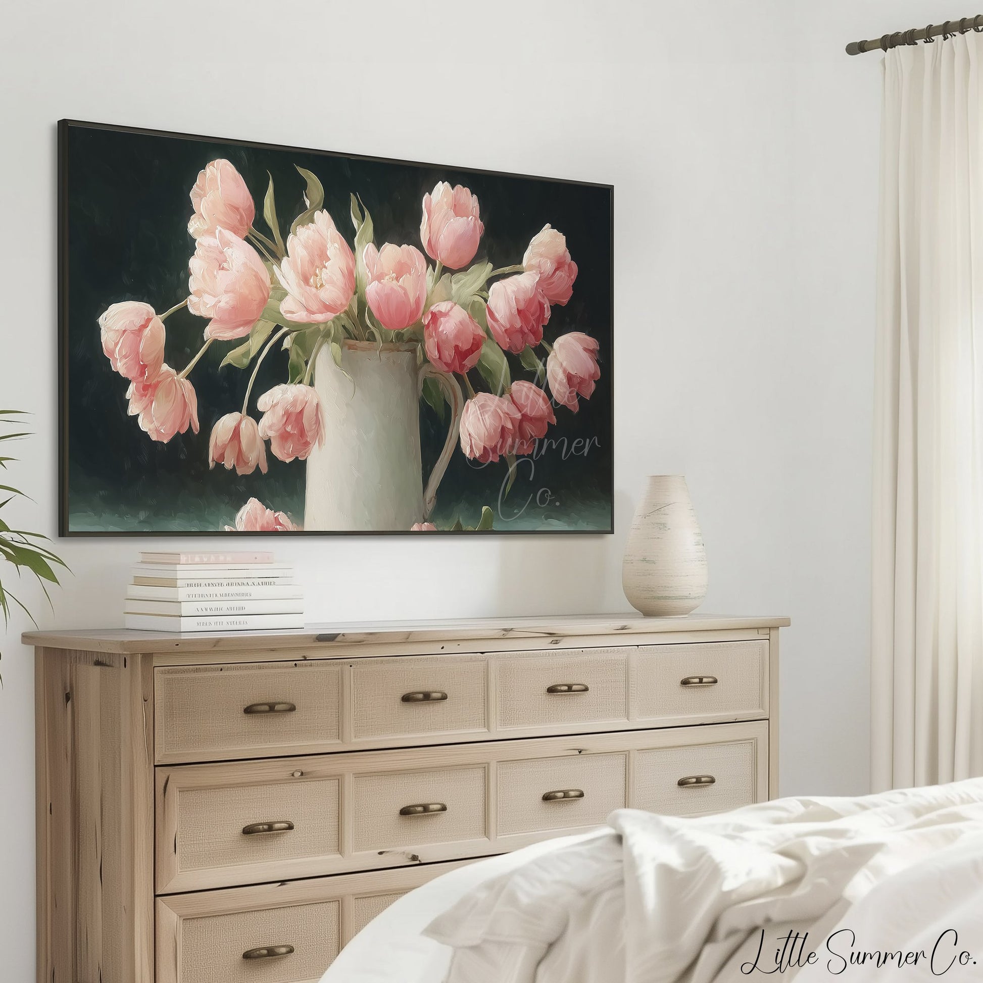 Pink Tulips Dark Background Jug Frame TV Art displayed on a TV