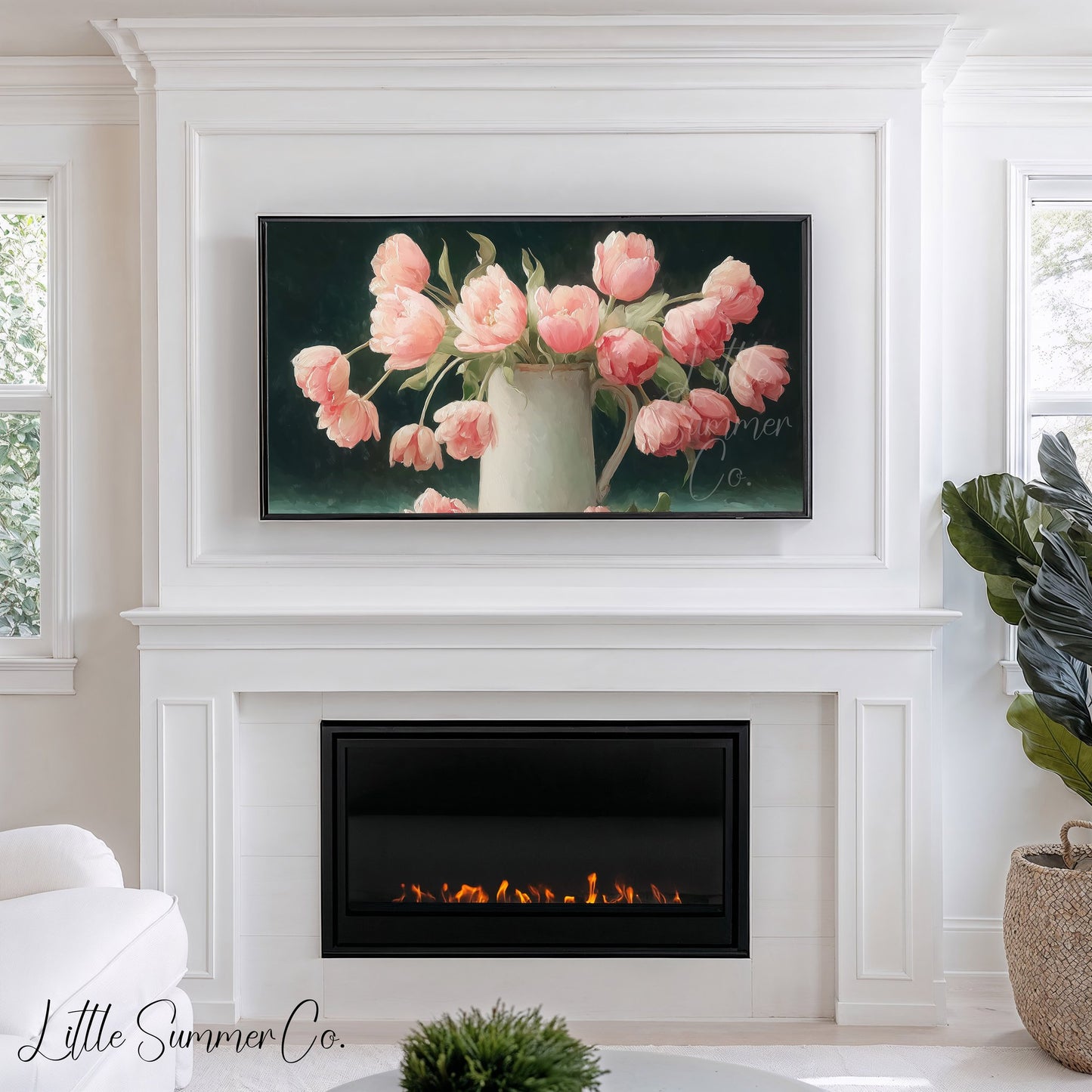 Pink Tulips Dark Background Jug Frame TV Art displayed on a TV