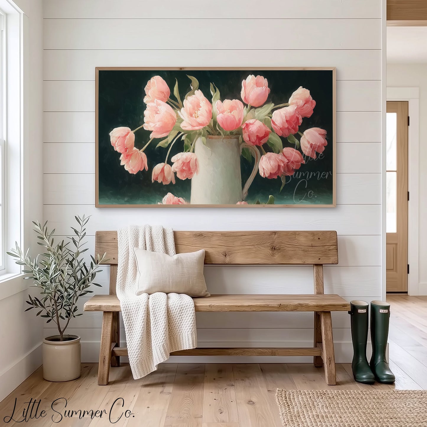 Pink Tulips Dark Background Jug Frame TV Art displayed on a TV