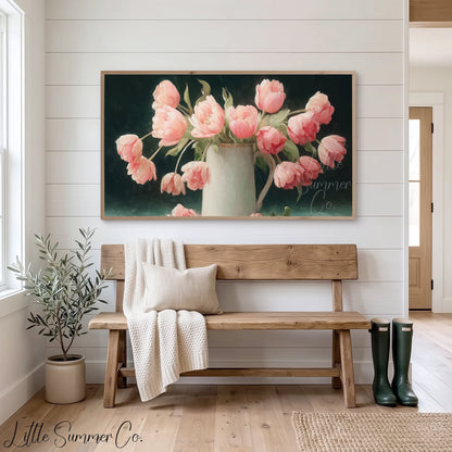 Pink Tulips Dark Background Jug Frame TV Art displayed on a TV