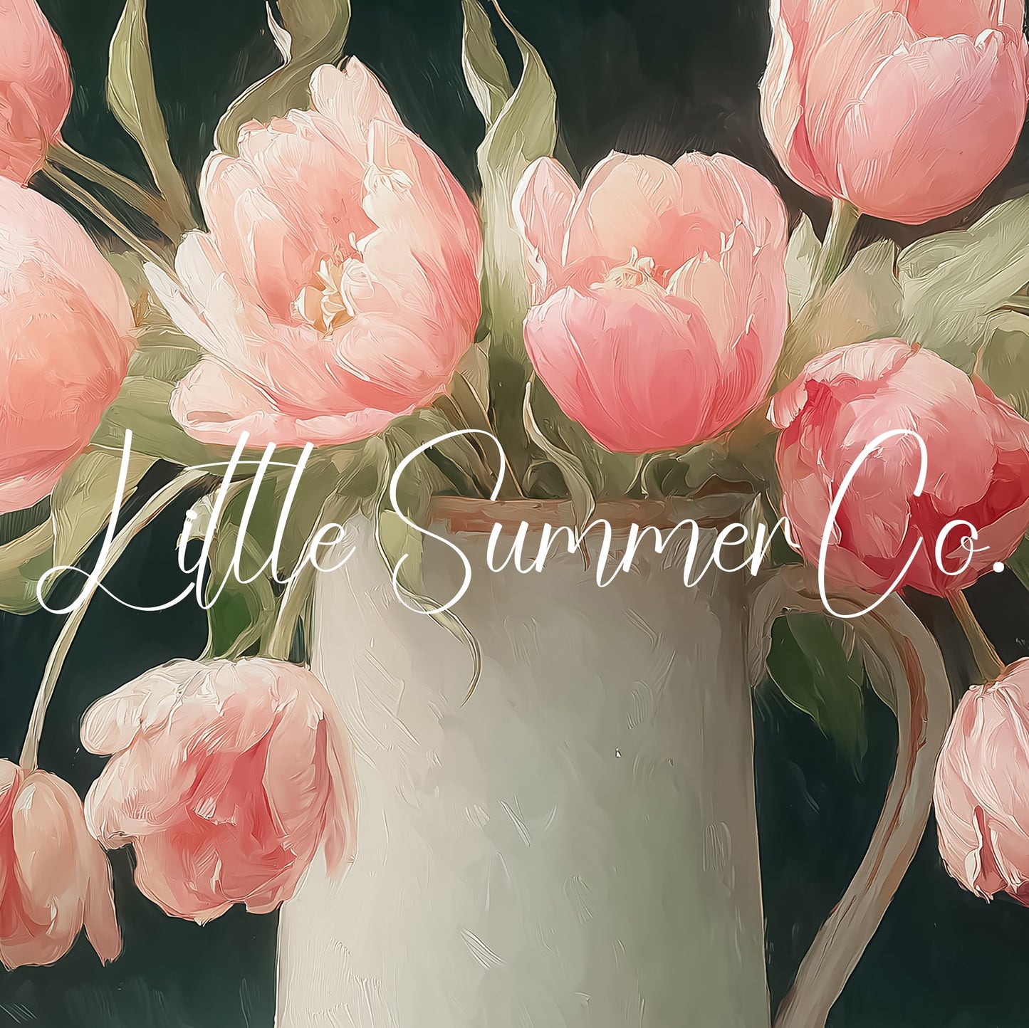 Pink Tulips Dark Background Jug Frame TV Art displayed on a TV