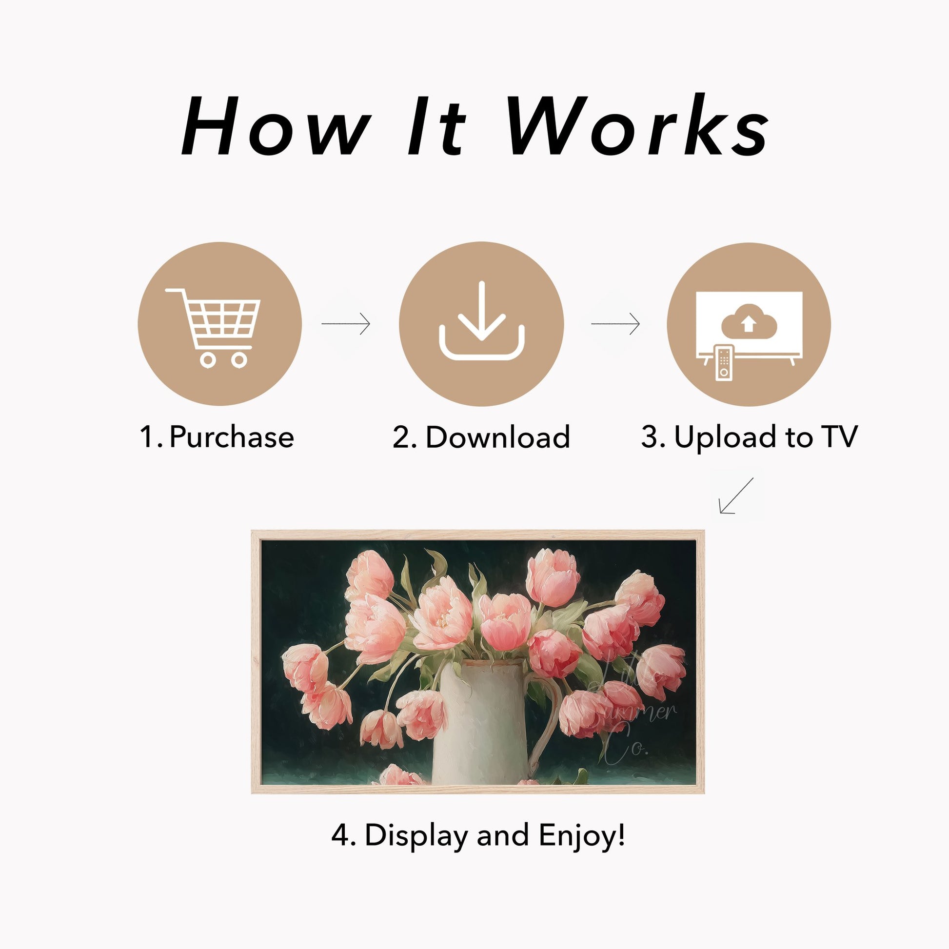 Pink Tulips Dark Background Jug Frame TV Art displayed on a TV