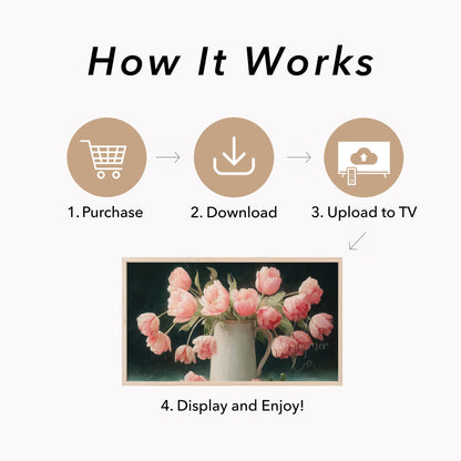Pink Tulips Dark Background Jug Frame TV Art displayed on a TV