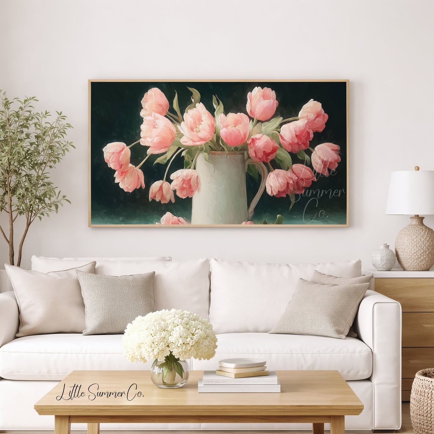 Pink Tulips Dark Background Jug Frame TV Art displayed on a TV