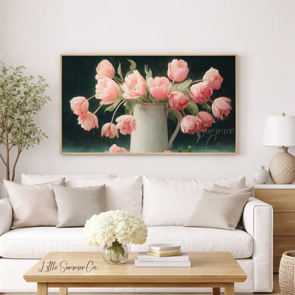 Pink Tulips Dark Background Jug Frame TV Art displayed on a TV