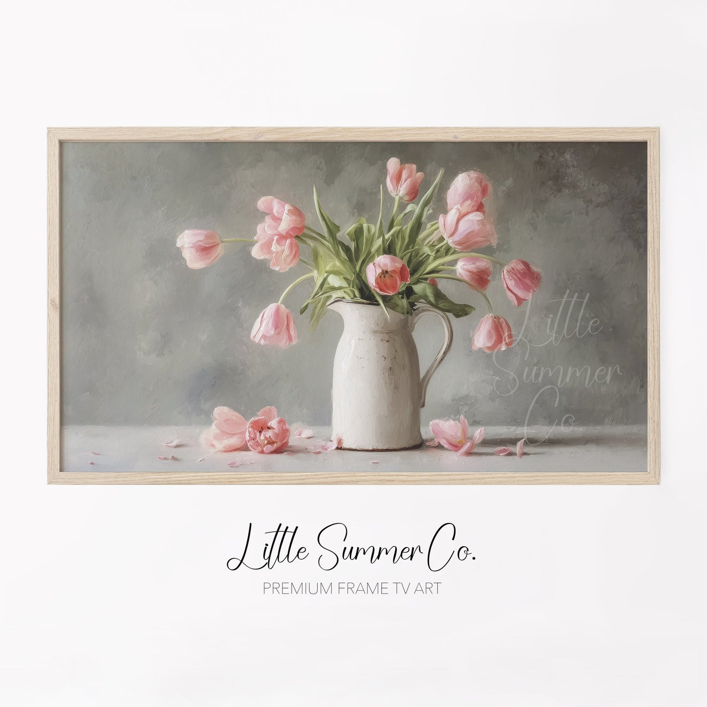 Pink Tulips Grey Background Pitcher Frame TV Art displayed on a TV