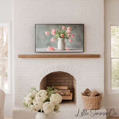Pink Tulips Grey Background Pitcher Frame TV Art displayed on a TV