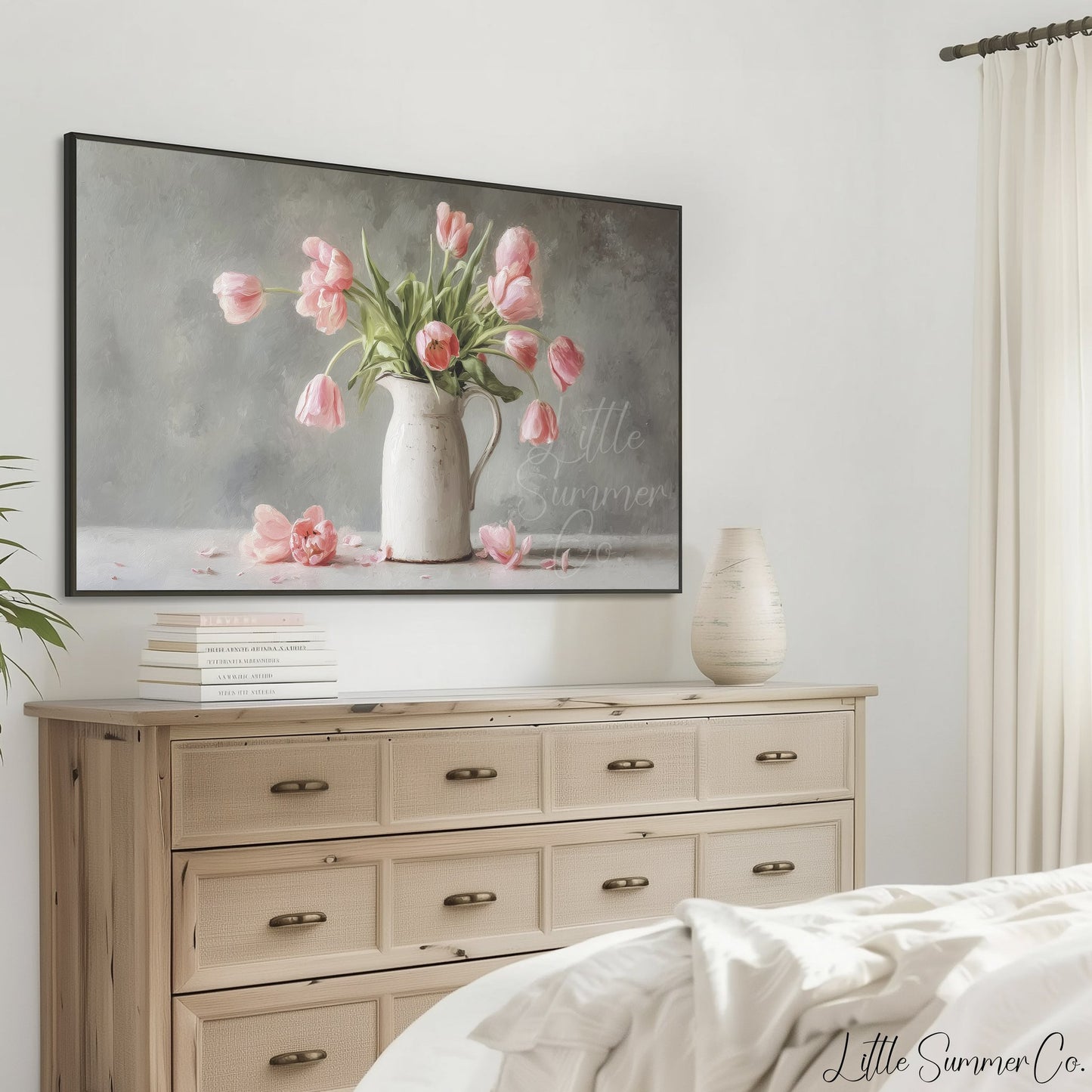 Pink Tulips Grey Background Pitcher Frame TV Art displayed on a TV