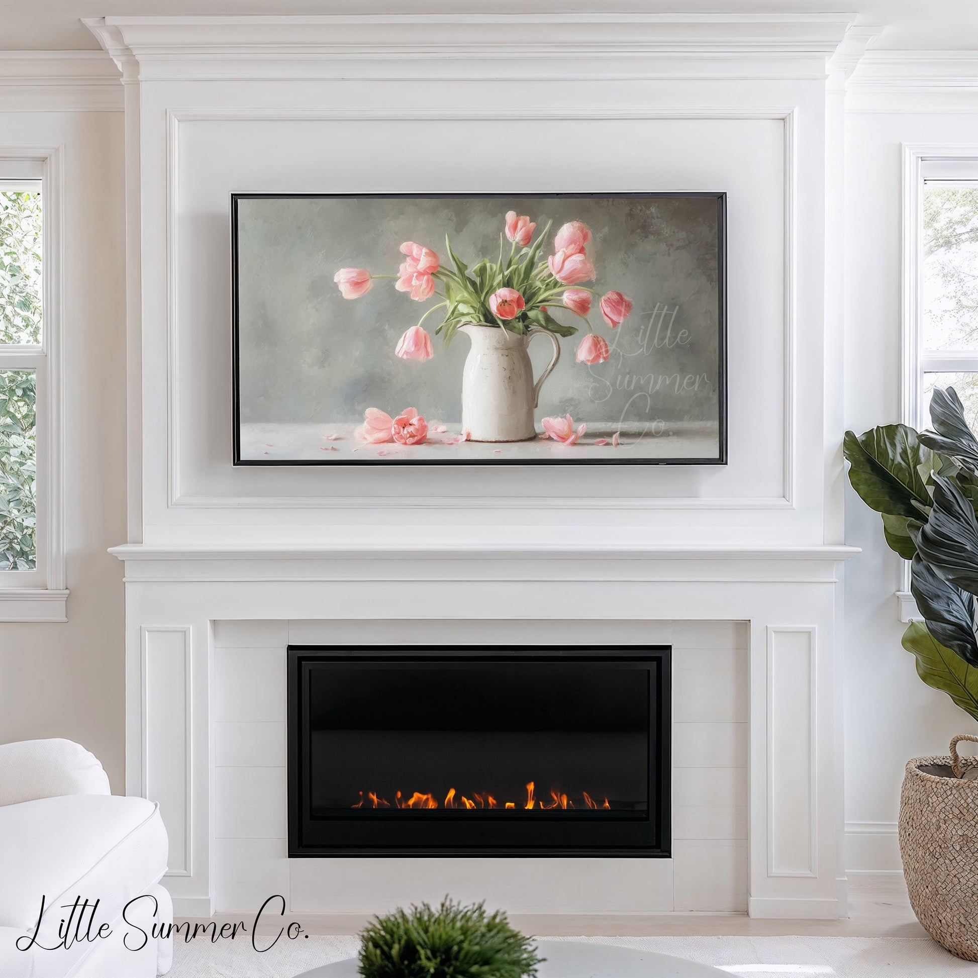 Pink Tulips Grey Background Pitcher Frame TV Art displayed on a TV