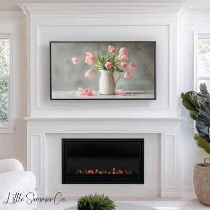 Pink Tulips Grey Background Pitcher Frame TV Art displayed on a TV