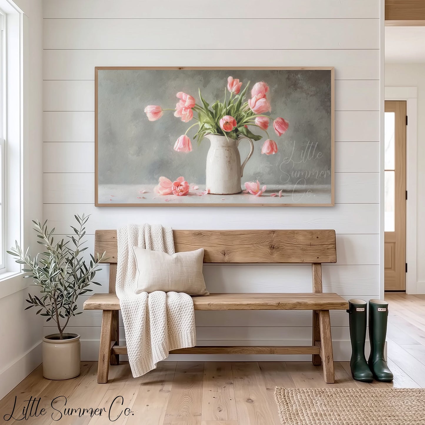 Pink Tulips Grey Background Pitcher Frame TV Art displayed on a TV