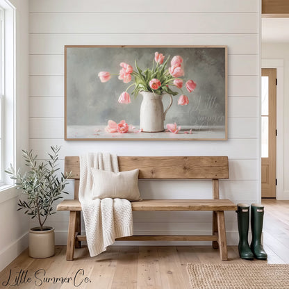 Pink Tulips Grey Background Pitcher Frame TV Art displayed on a TV