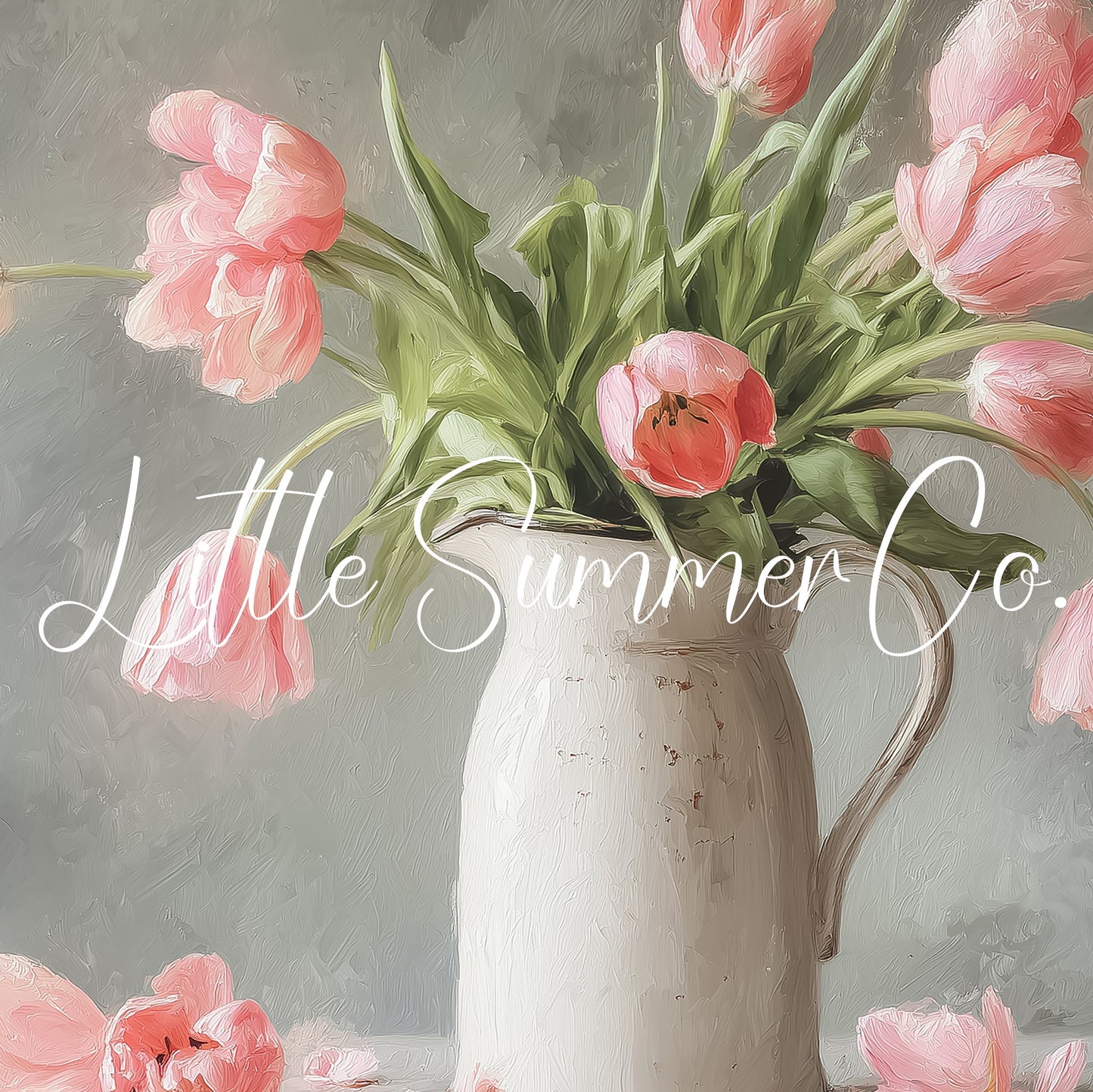 Pink Tulips Grey Background Pitcher Frame TV Art displayed on a TV