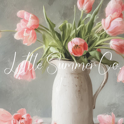 Pink Tulips Grey Background Pitcher Frame TV Art displayed on a TV