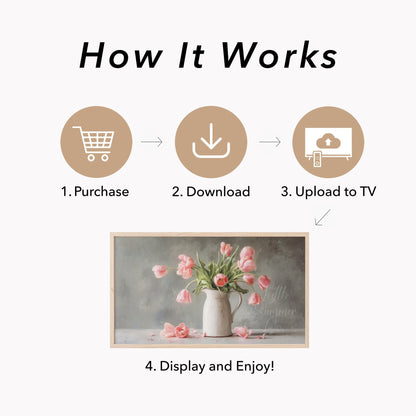 Pink Tulips Grey Background Pitcher Frame TV Art displayed on a TV