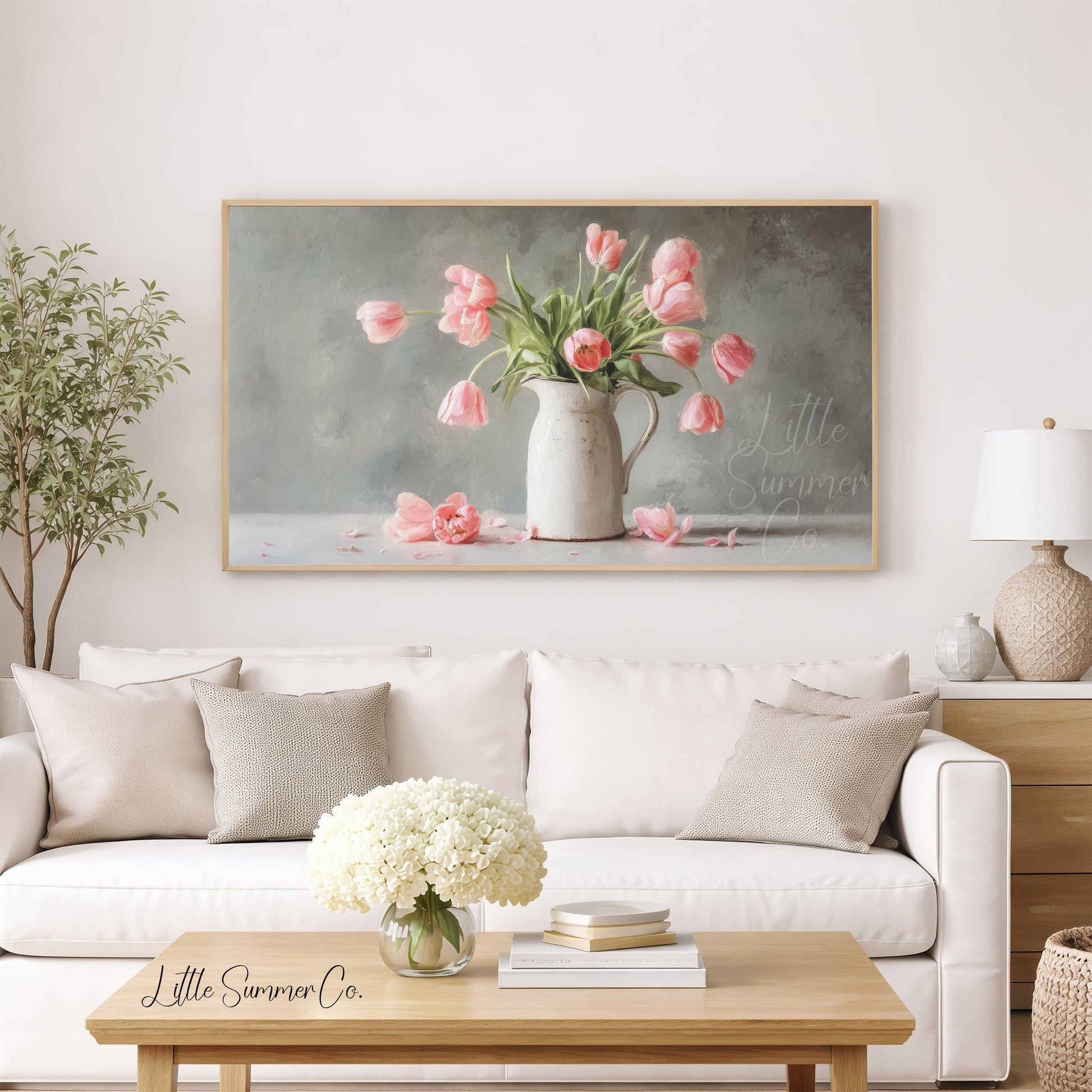 Pink Tulips Grey Background Pitcher Frame TV Art displayed on a TV