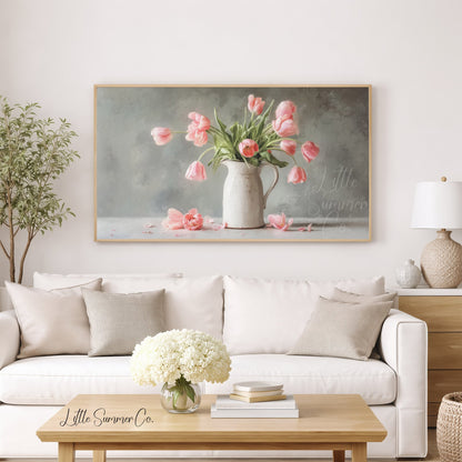 Pink Tulips Grey Background Pitcher Frame TV Art displayed on a TV