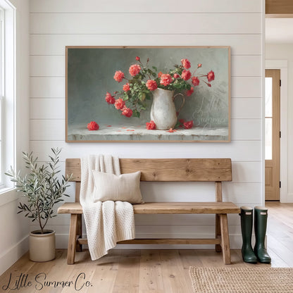 Coral Roses Frame TV Art displayed on a TV